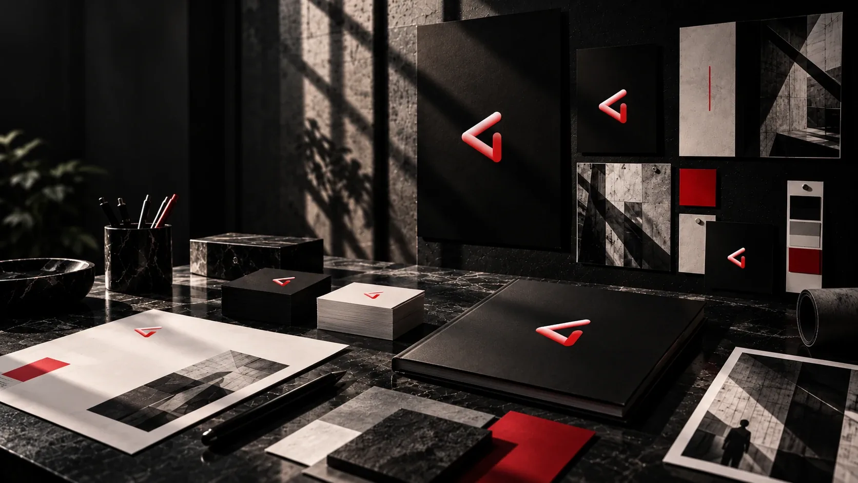 Identità visiva di DigIdentity Agency applicata: biglietti da visita, quaderno, carta intestata e palette nero, grigio e rosso con il marchio rosso, su una scrivania di marmo scuro