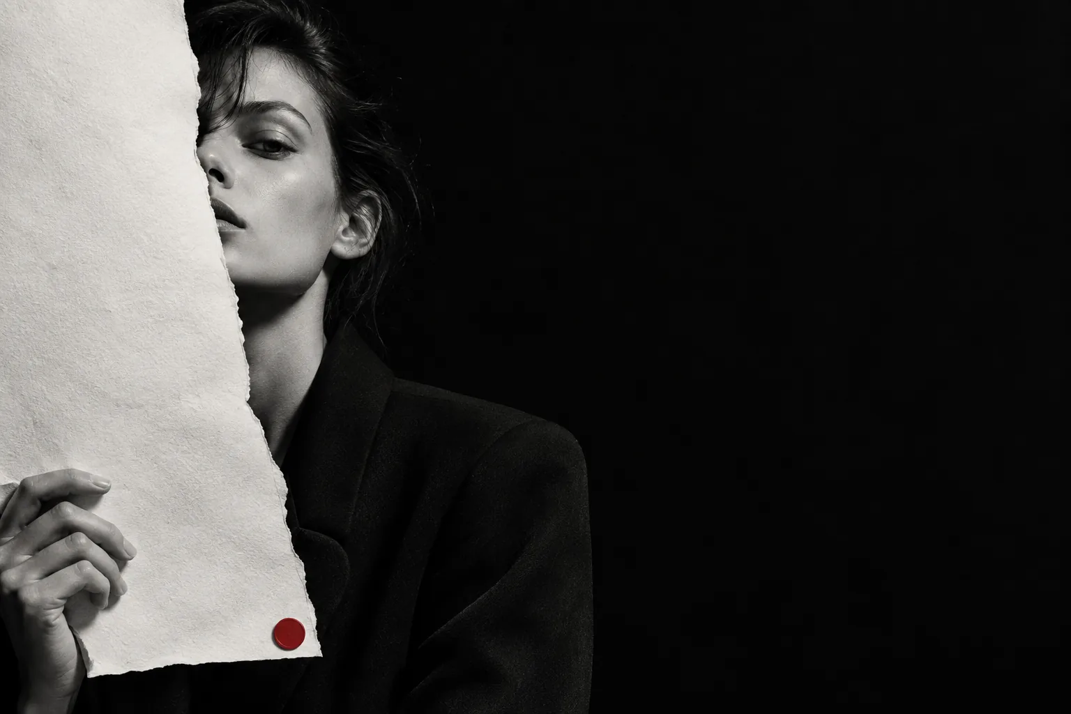 Ritratto in bianco e nero dietro un foglio strappato con un punto rosso