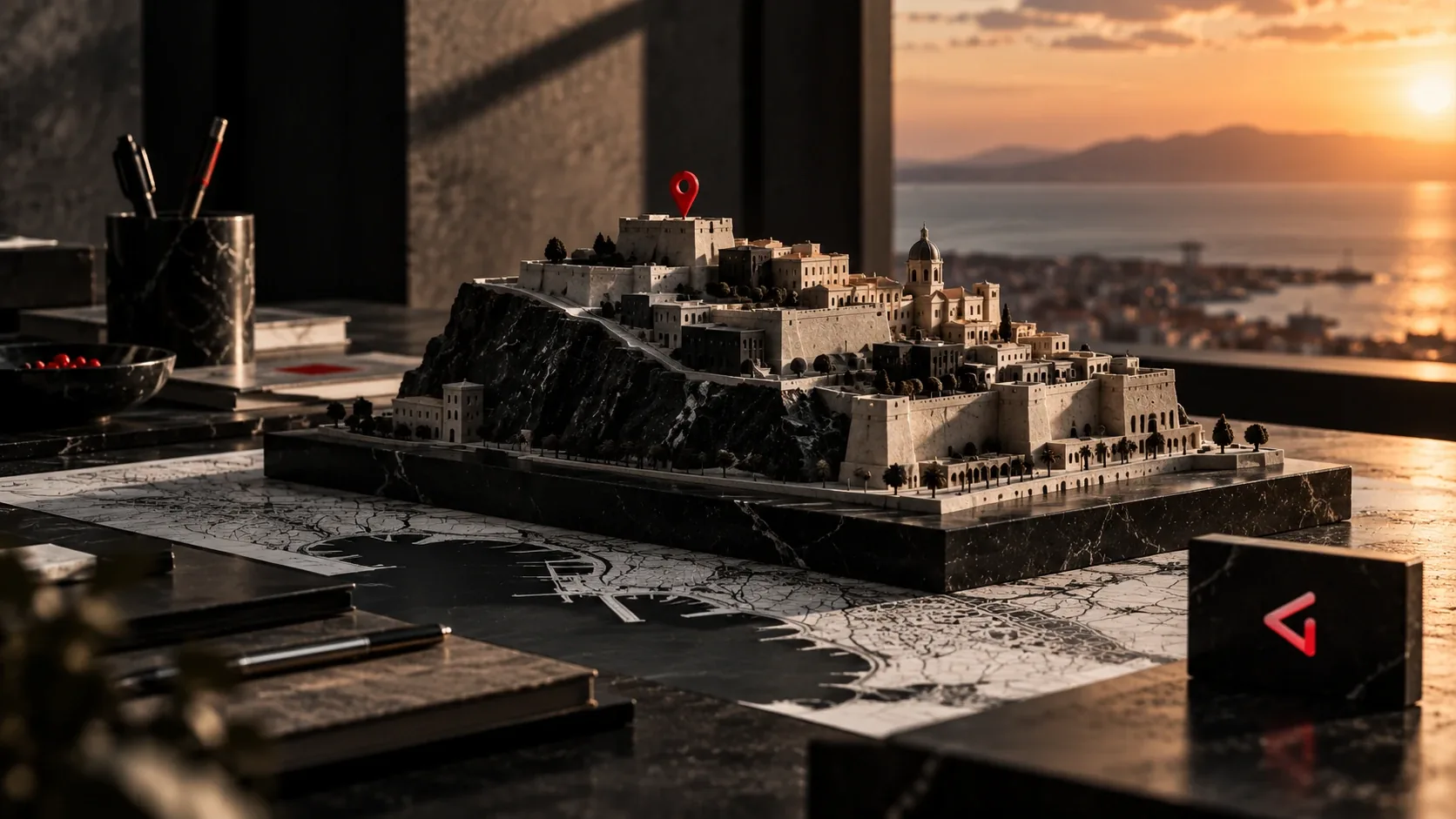 Plastico in marmo del quartiere Castello di Cagliari con un segnaposto rosso sul punto più alto, sopra la mappa del porto, con il golfo al tramonto sullo sfondo e il marchio DigIdentity
