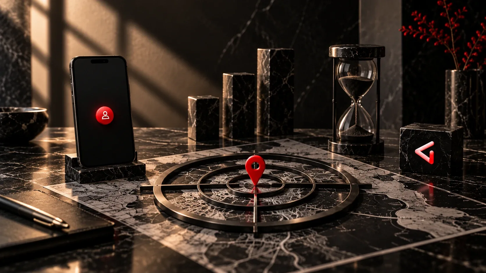 Un mirino di metallo scuro su una mappa con un segnaposto rosso al centro, accanto a uno smartphone, tre colonne di marmo che crescono come un grafico, una clessidra e il marchio DigIdentity: campagne mirate e misurate