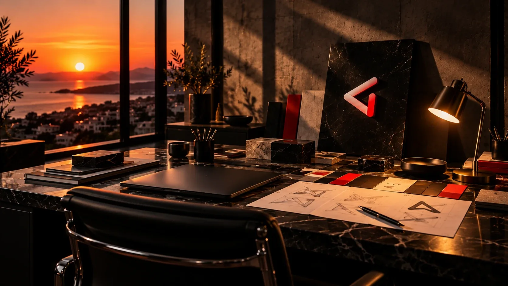 Lo studio DigIdentity al tramonto sul mare: una sedia vuota davanti a una scrivania di marmo nero con un portatile chiuso, schizzi del marchio, campioni di colore nero, grigio e rosso, una lampada accesa e il marchio DigIdentity sulla parete