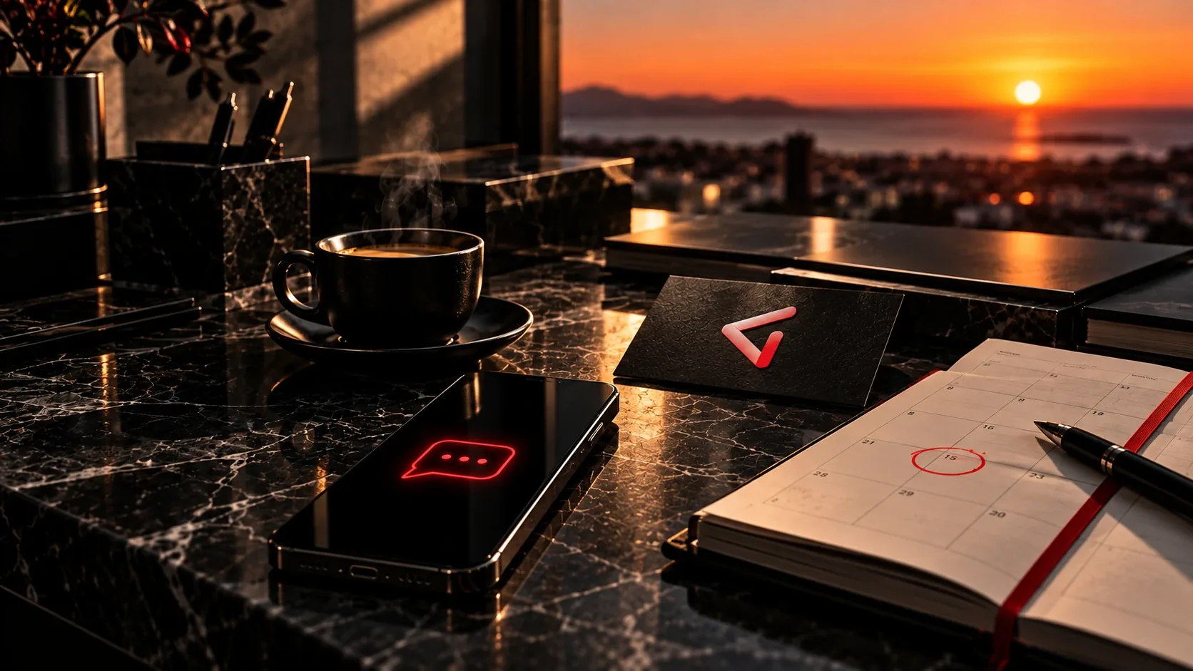 Scrivania di marmo nero al tramonto sul mare: uno smartphone con un'icona di messaggio rossa, un caffè, un'agenda con un giorno cerchiato di rosso e un biglietto con il marchio DigIdentity