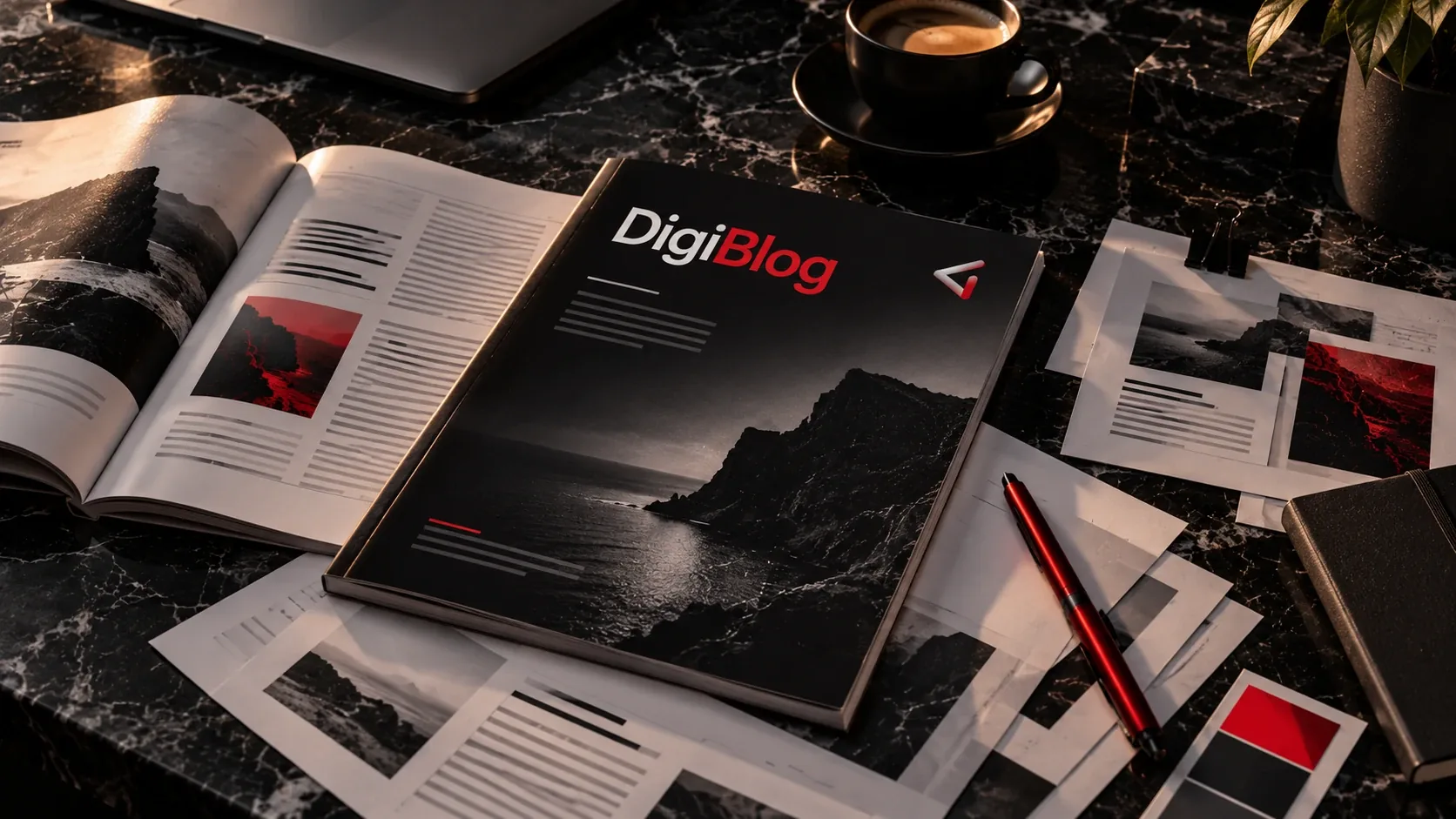 La rivista DigiBlog di DigIdentity Agency su una scrivania di marmo nero, con pagine di articoli e foto della costa sarda, una penna rossa e un caffè: le guide pratiche di marketing digitale