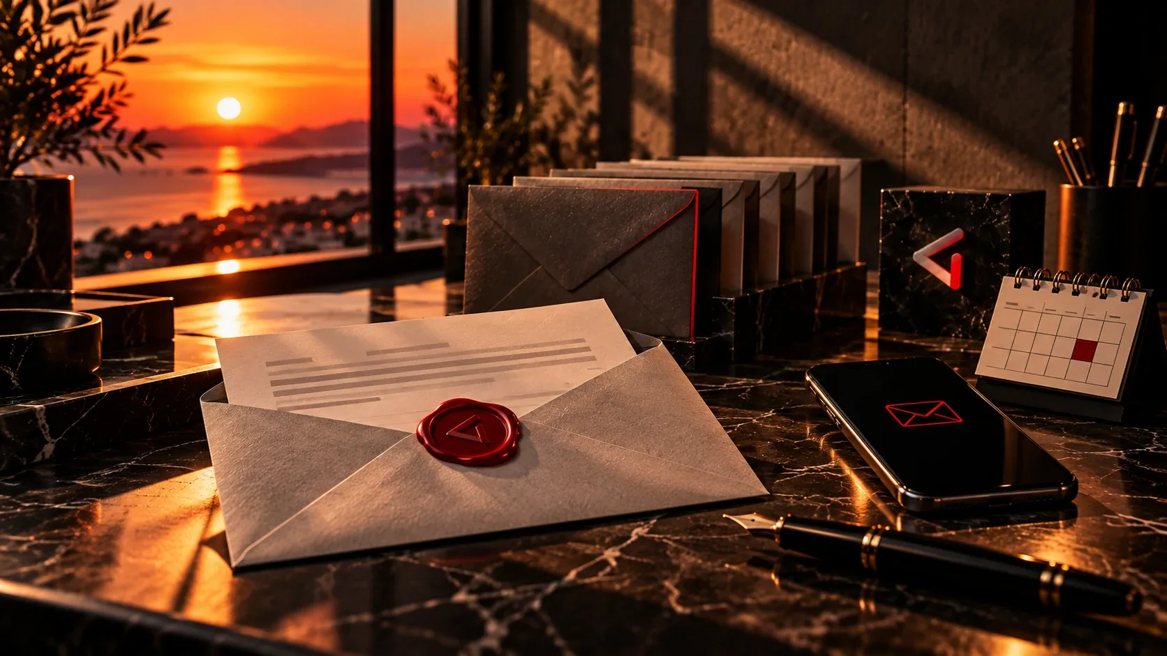 Una busta aperta con un sigillo di ceralacca rosso con il marchio DigIdentity, una fila di buste in archivio, uno smartphone con un’icona di busta rossa e un calendario con un giorno segnato, al tramonto sul mare: l’email marketing