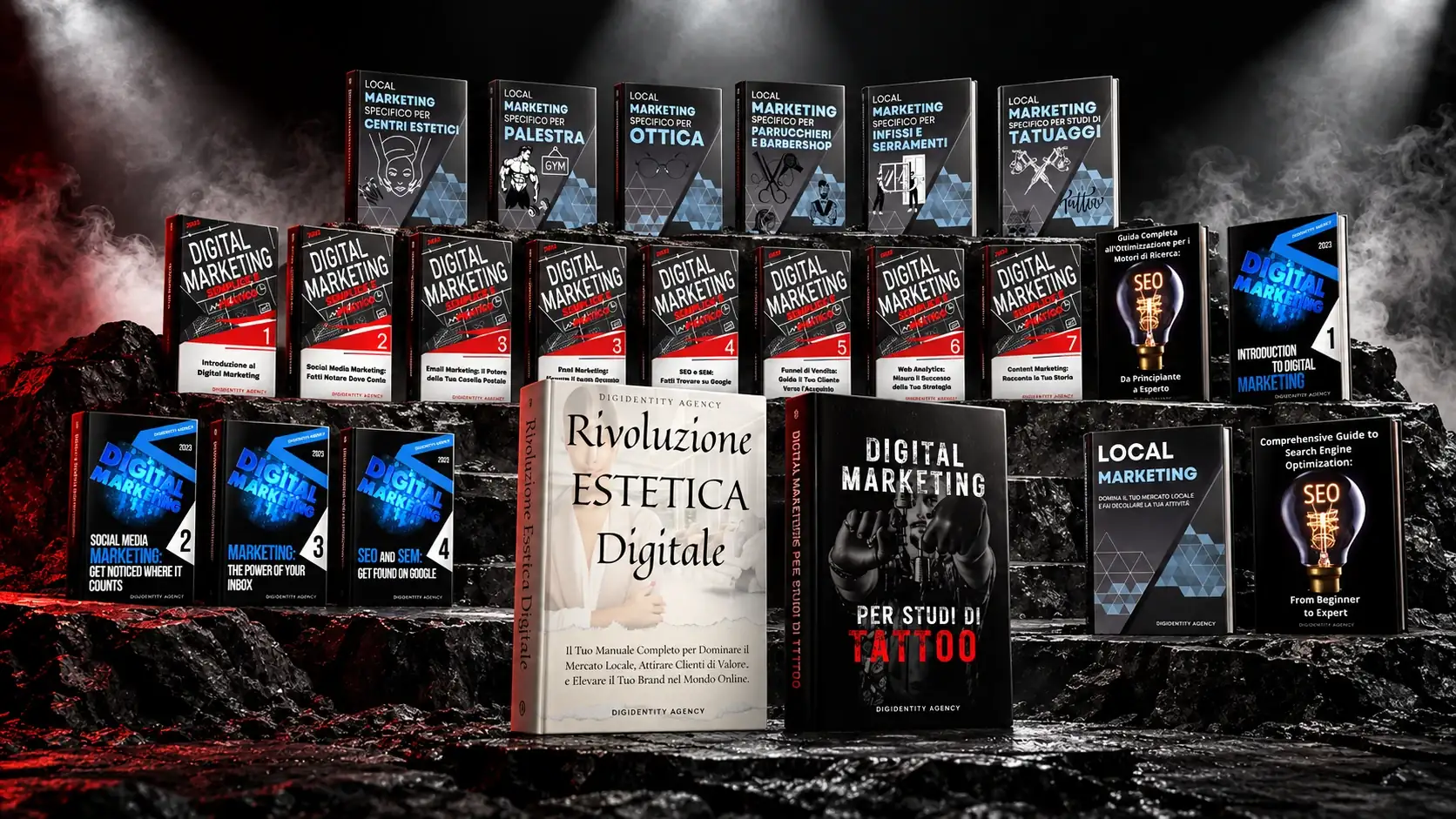 La collana di manuali di marketing DigIdentity esposta su gradoni di pietra scura sotto i riflettori
