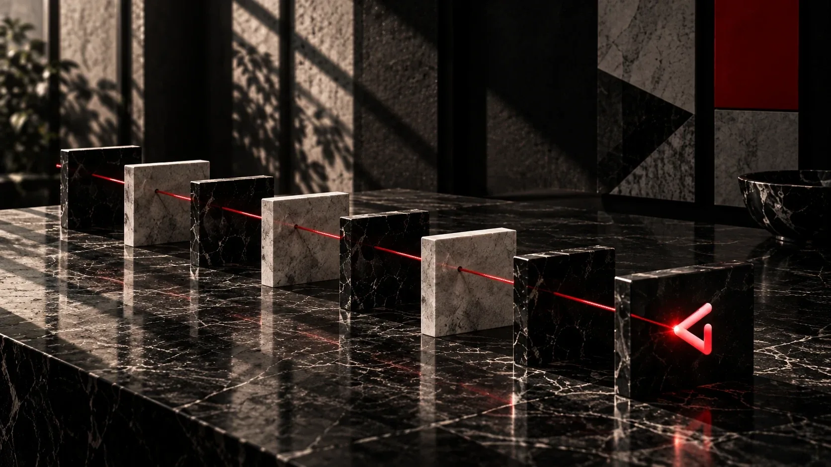 Otto lastre di marmo nero e grigio in fila su un tavolo, attraversate da un filo rosso che termina nel marchio DigIdentity illuminato: gli 8 passi del metodo