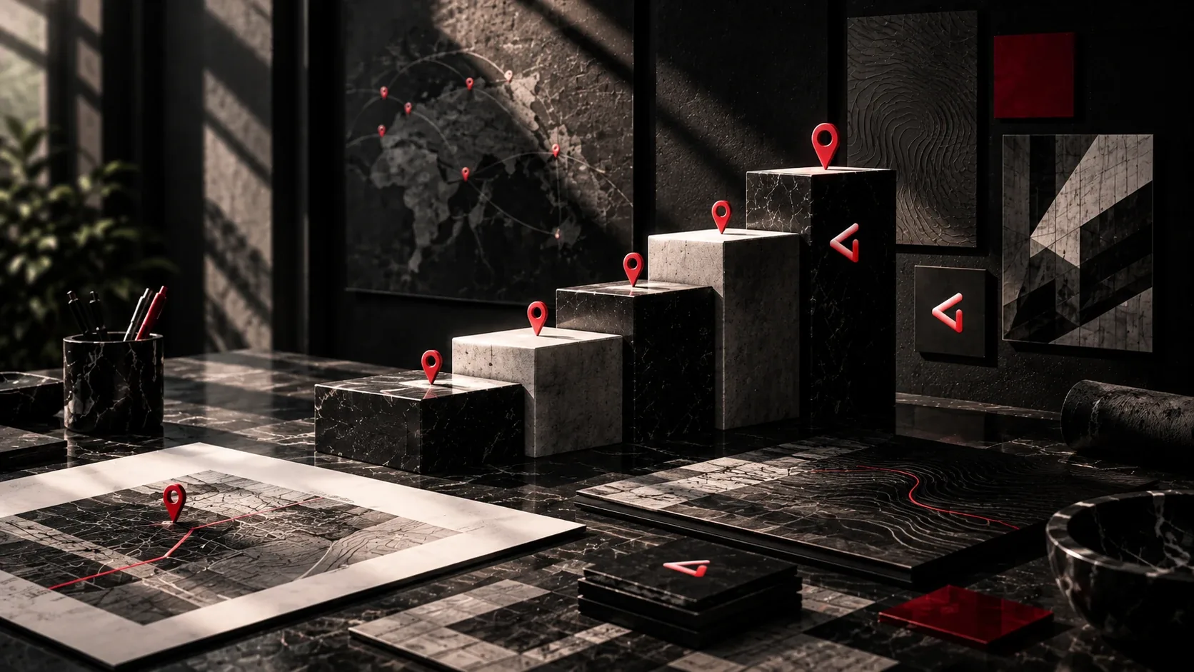 Scalini di marmo nero e grigio con un segnaposto rosso su ciascuno, che salgono fino al marchio DigIdentity, accanto a mappe con percorsi rossi: la crescita della visibilità su Google e sulle AI