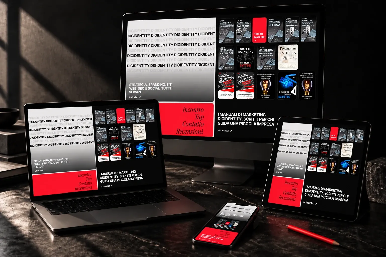Il sito di DigIdentity Agency aperto su monitor, portatile, tablet e telefono