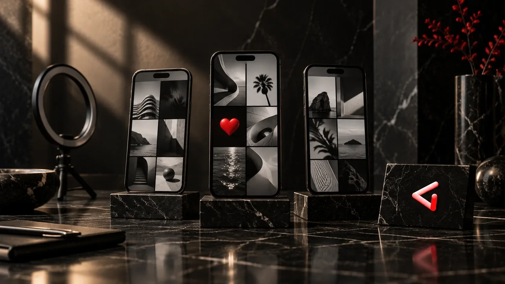 Tre smartphone su piedistalli di marmo nero con griglie di foto in bianco e nero e un cuore rosso, accanto a un anello luminoso e al marchio DigIdentity: la gestione dei social