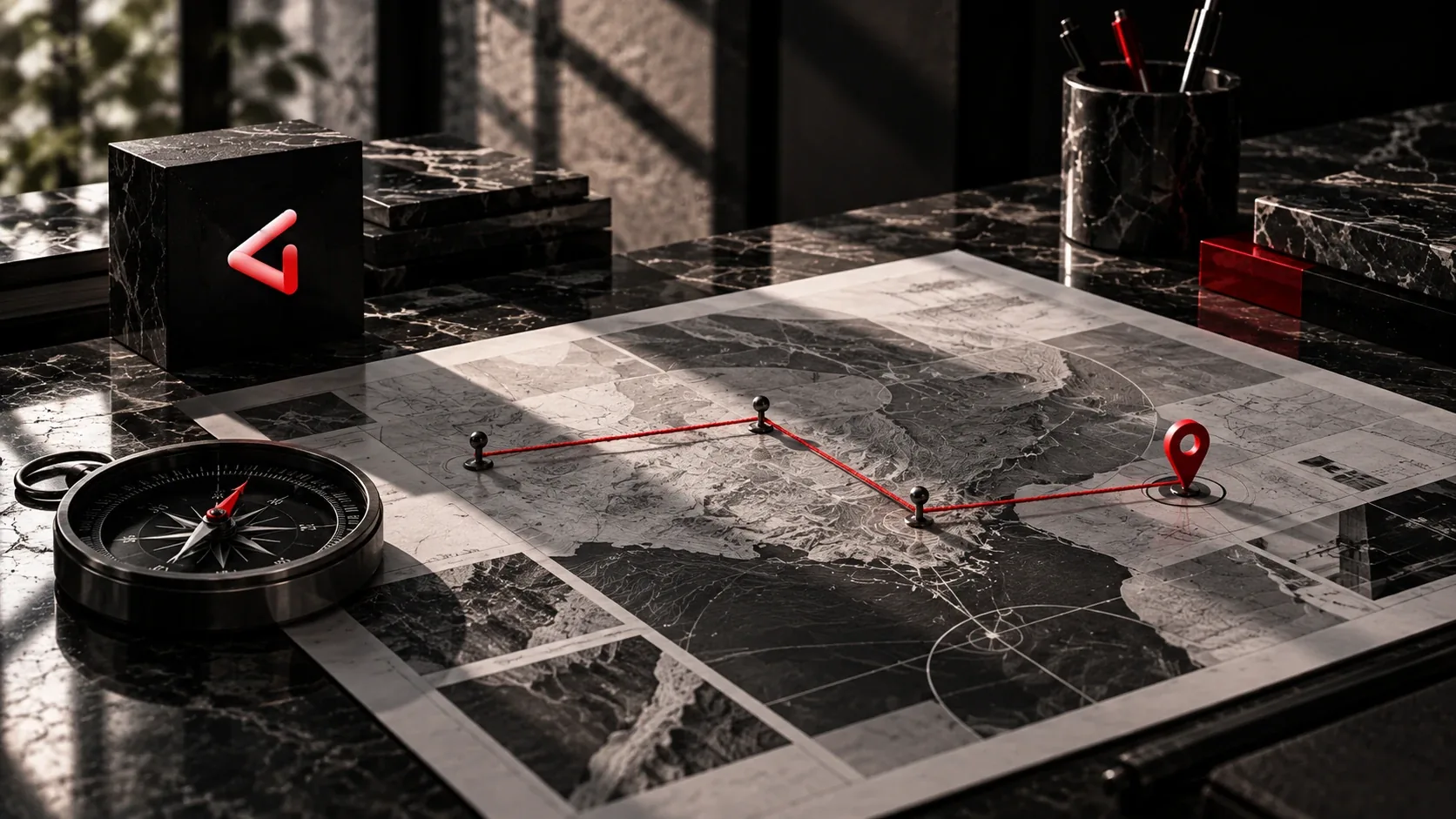 Mappa di progetto su una scrivania di marmo nero: un filo rosso collega le puntine fino a un segnaposto rosso, accanto a una bussola e al marchio DigIdentity