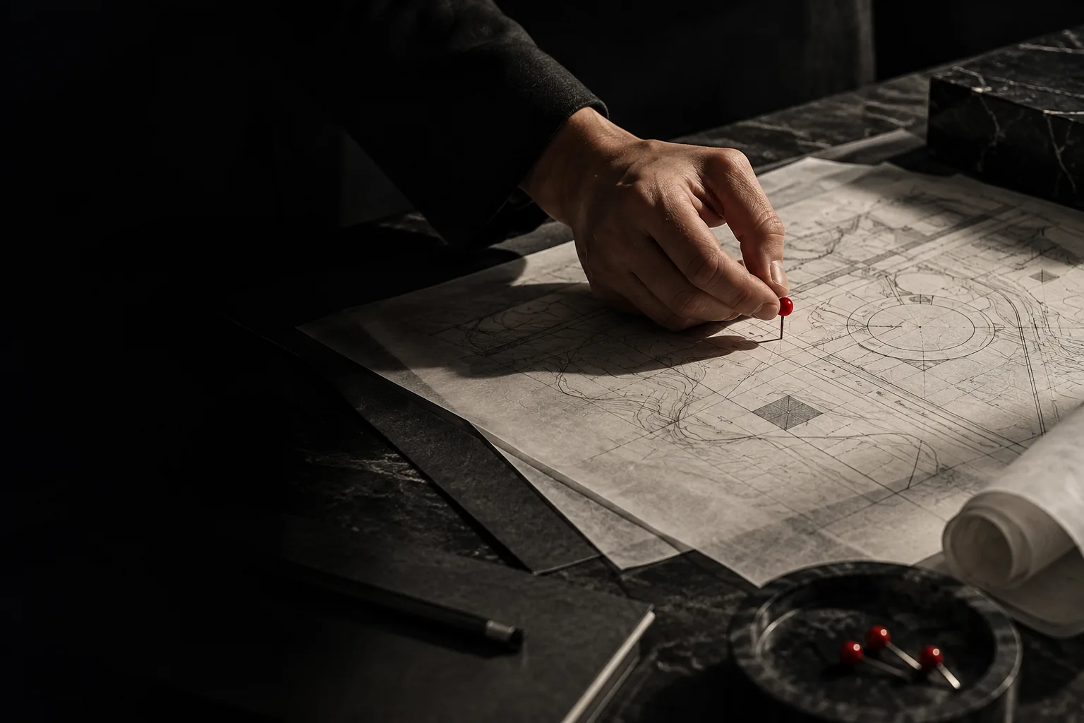 Una mano fissa un segnaposto rosso su una mappa di progetto