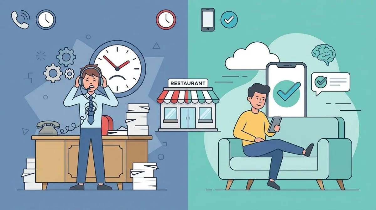 Confronto visuale tra gestione prenotazioni tradizionale e automatizzata con AI Posizione: All'inizio della sezione "Come ridurre i no-show con l'intelligenza artificiale?"